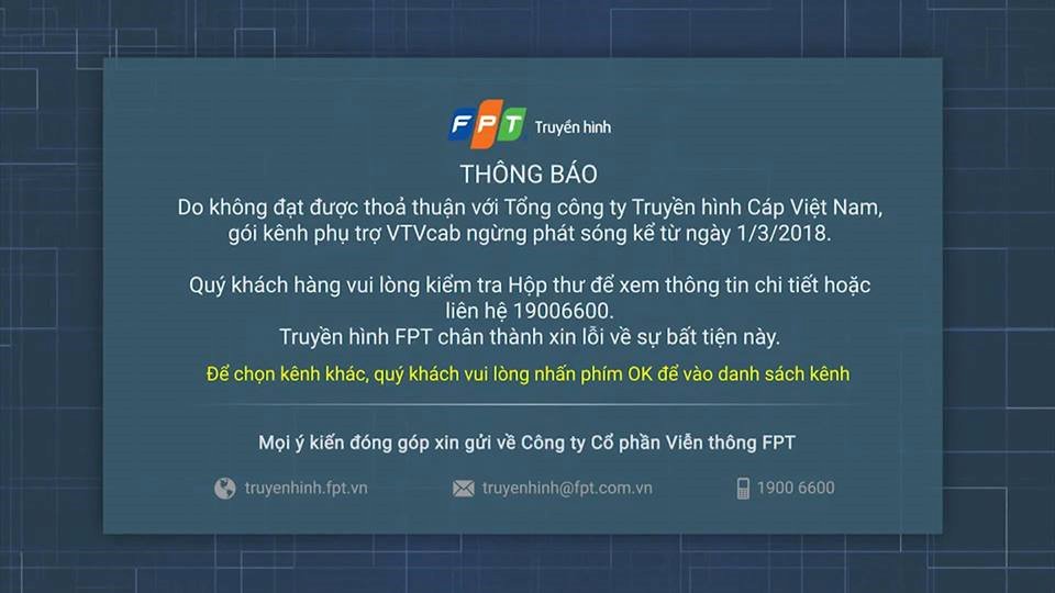 FPT ngừng cung cấp gói kênh VTVcab